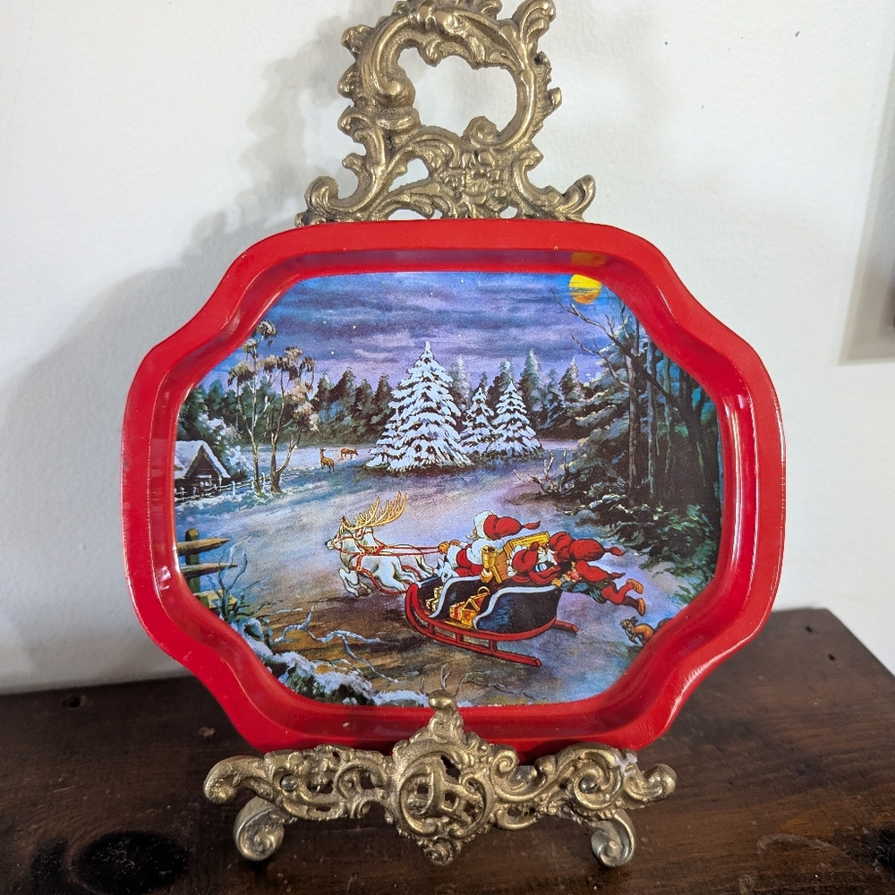 Vintage Christmas Santa Sleigh Metal Snack Tray - Retro Holiday Kitsch Holiday